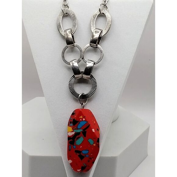 Reclaimed Vintage Jewelry - Vintage Terrazzo Red Glass Pendant on Silver Tone Chain Lg Mixed Metal Circles